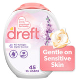 Dreft lavender laundry pods highlight gentle care for sensitive skin.