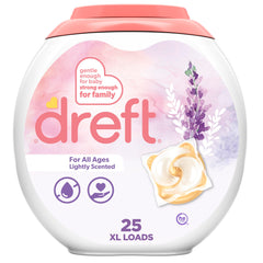 Dreft Pacs lavender baby clothes close-up; gentle washing for sensitive skin.