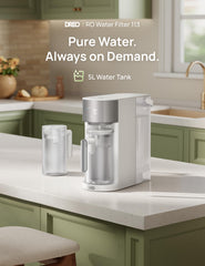 DREO purification system showing 3:1 pure to drain efficiency and water use.