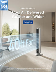 DREO Tower Fan side view highlighting slim profile ideal for bedrooms