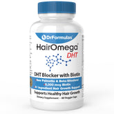 DrFormulas HairOmega DHT Blocker bottle pouring capsules for daily use, supporting hair vitality.