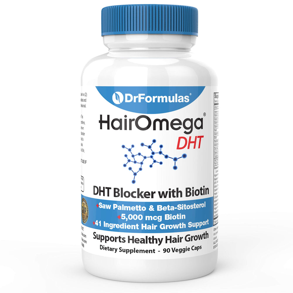 DrFormulas HairOmega DHT Blocker bottle for daily hair health.
