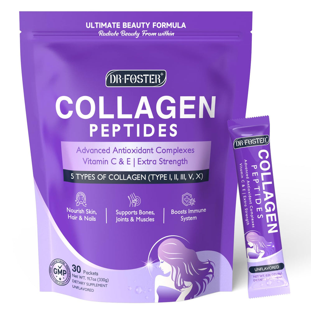DRFOSTER Collagen Packets box packaging shows 30 sticks for on the go beauty.