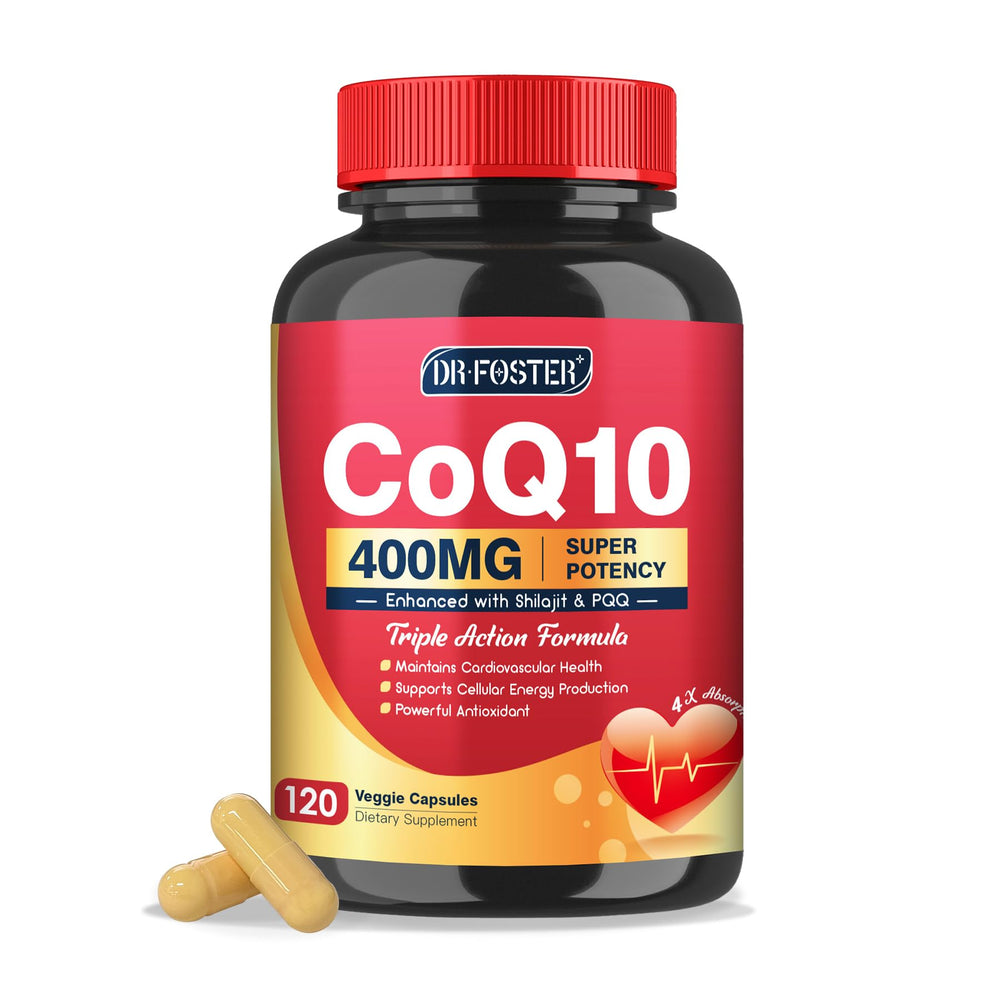 DRFOSTER CoQ10 400mg bottle with capsules, supporting energy production and healthy heart function.