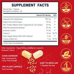 Close-up of DRFOSTER CoQ10 capsules highlighting PQQ and Shilajit synergy for cellular energy.