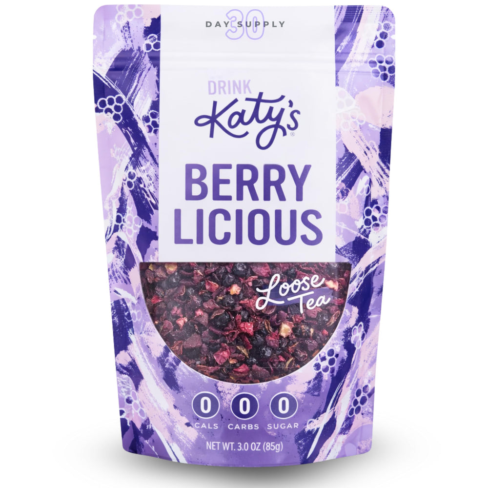 DRINK KATY'S Berry loose leaf tea closeup shows vibrant berry pieces for aroma.