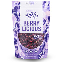 DRINK KATY'S Berry loose leaf tea closeup shows vibrant berry pieces for aroma.