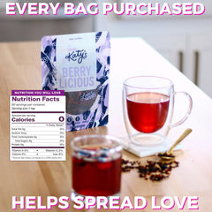 DRINK KATY'S Berry tea features hibiscus, blueberries, and cranberries for bright flavor.