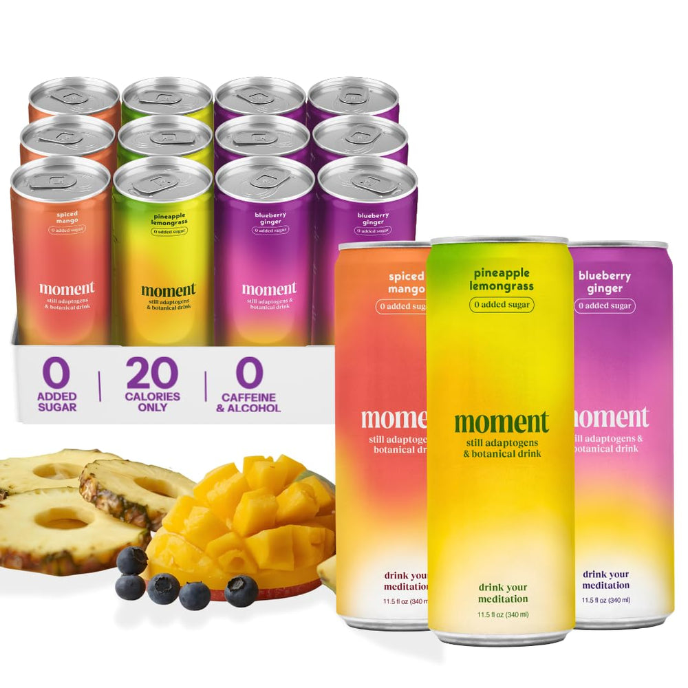 Drink Your Meditation Moment Adaptogen Drink can close-up highlighting zero added sugar and calm vibes.