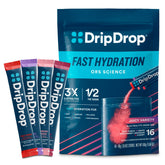 DripDrop Juicy Variety Pack in grape flavor with convenient single-serve packets for on-the-go hydration.