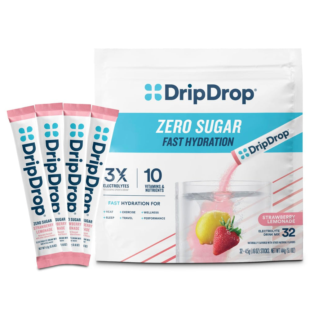 DripDrop sugar-free hydration packets front view with strawberry lemonade flavor for on-the-go hydration.
