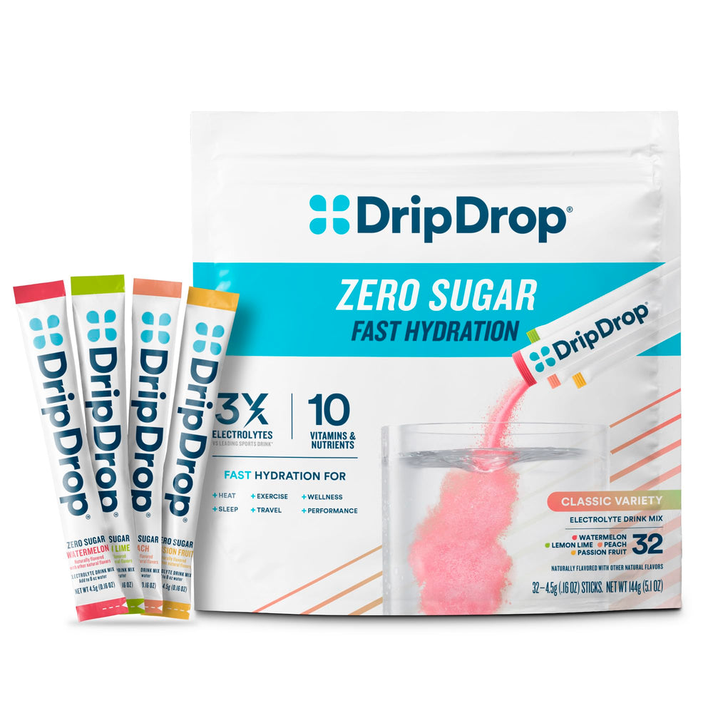 DripDrop lemon-lime sugar-free hydration packet for quick electrolyte replenishment.