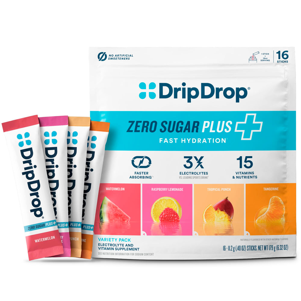DripDrop Zero Sugar Plus Raspberry Lemonade stick for fast, sugar-free hydration on the go.