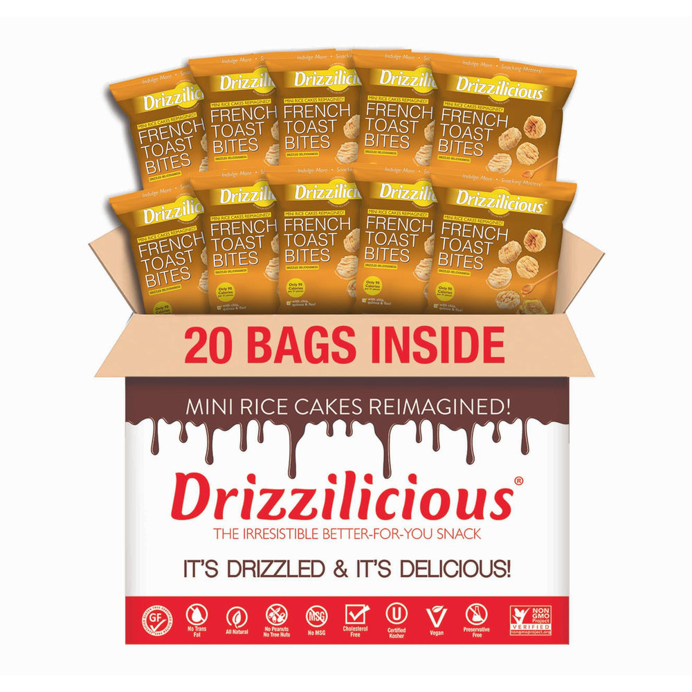 Drizzilicious Mini French Toast Rice Cakes box and bags, a convenient gluten-free snack.