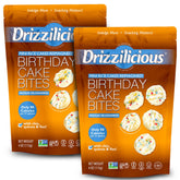 Drizzilicious Birthday Cake mini rice cakes pack shot, gluten-free and vegan snack option.