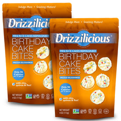Drizzilicious Birthday Cake mini rice cakes pack shot, gluten-free and vegan snack option.
