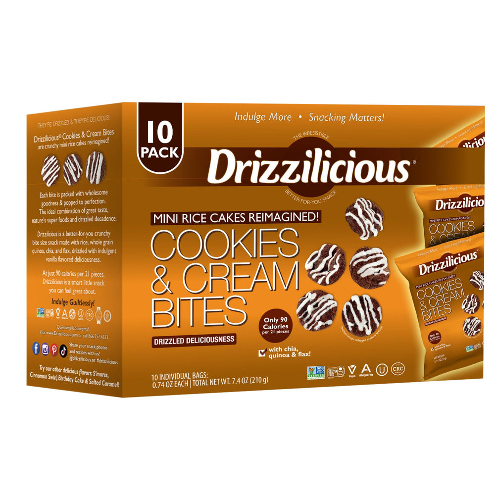 Drizzilicious Cookies & Cream rice cakes bag, gluten-free vegan snack.