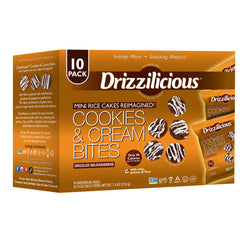 Drizzilicious Cookies & Cream rice cakes bag, gluten-free vegan snack.