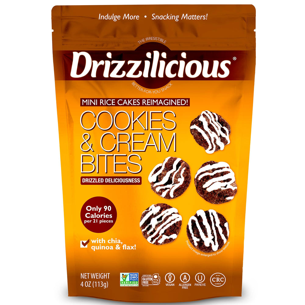 Drizzilicious Cookies & Cream mini rice cakes in a pack shot, gluten-free and vegan.