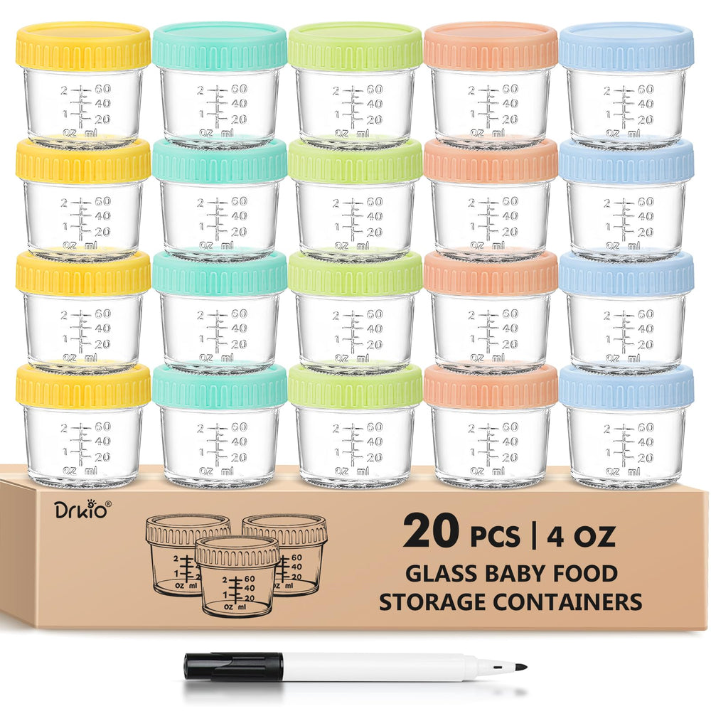 DRKIO 20-pack glass baby food jars with 4 oz capacity for precise portions.