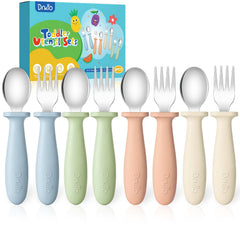DRKIO 8-piece toddler utensils set with colorful handles for easy self-feeding.