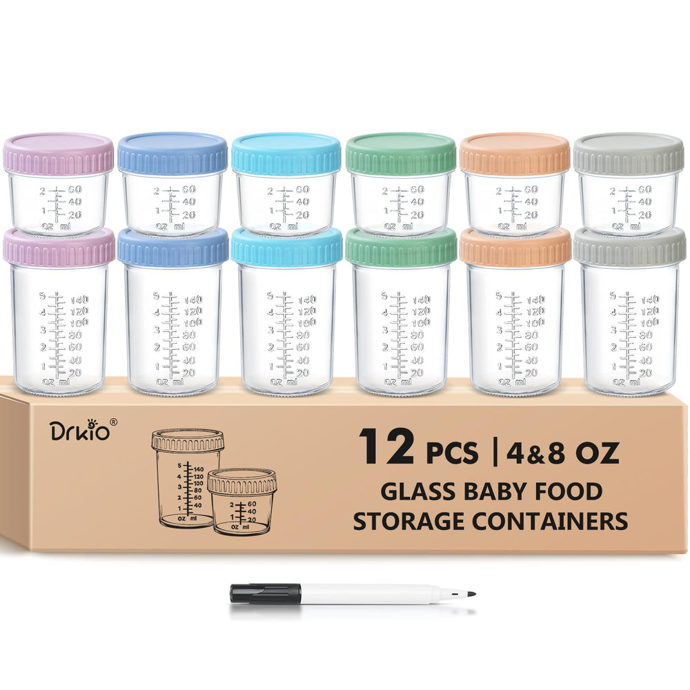 DRKIO 4oz glass baby food jar with clear 2oz marks for precise portions.