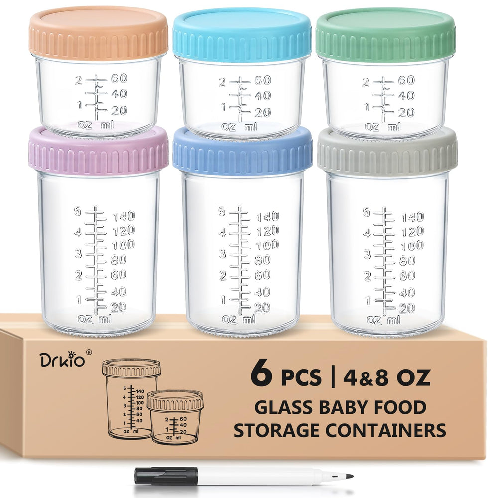drkio glass 4oz baby food jars with colorful lids for precise portions.