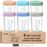 drkio glass 4oz baby food jars with colorful lids for precise portions.