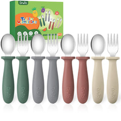 DRKIO toddler utensils in four bright colors with easy-grip silicone handles for self-feeding.