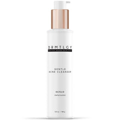 DRMTLGY Acne Cleanser bottle close-up showing an oil-free formula for clearer skin.