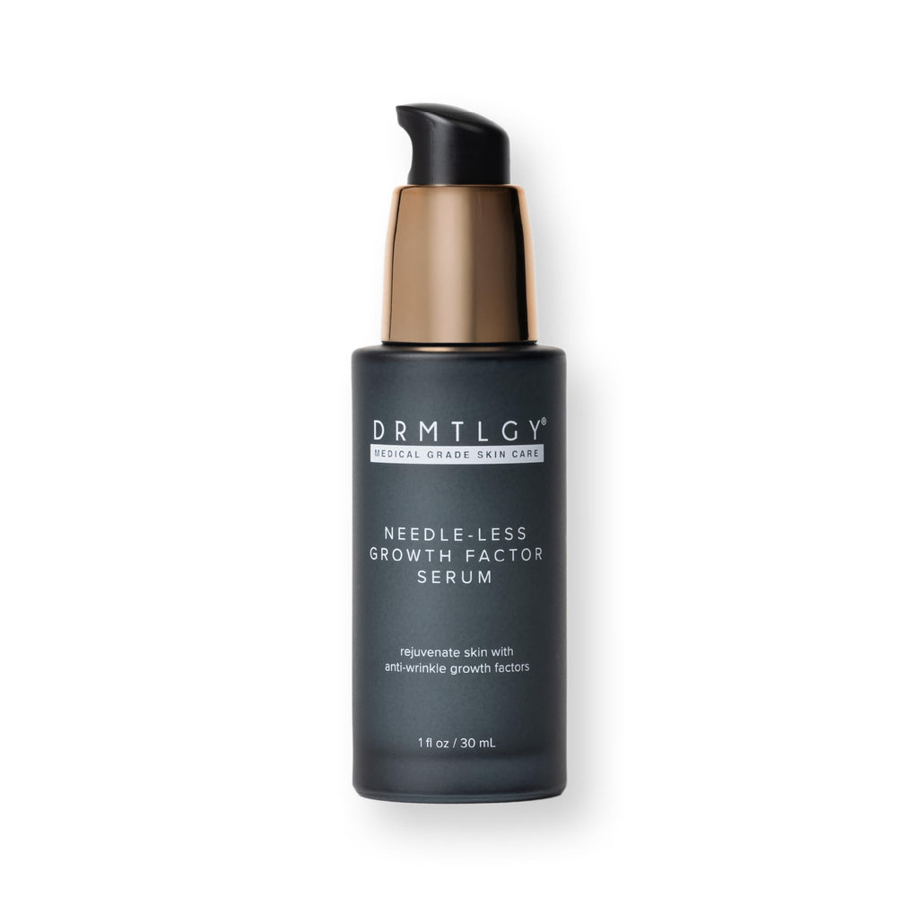 DRMTLGY growth-factor serum bottle highlights hydration and subtle firming benefits.