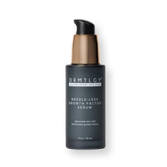 DRMTLGY growth-factor serum bottle highlights hydration and subtle firming benefits.