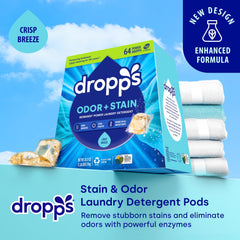 Closeup of enzyme labels on Dropps pods highlighting stain-fighting action.