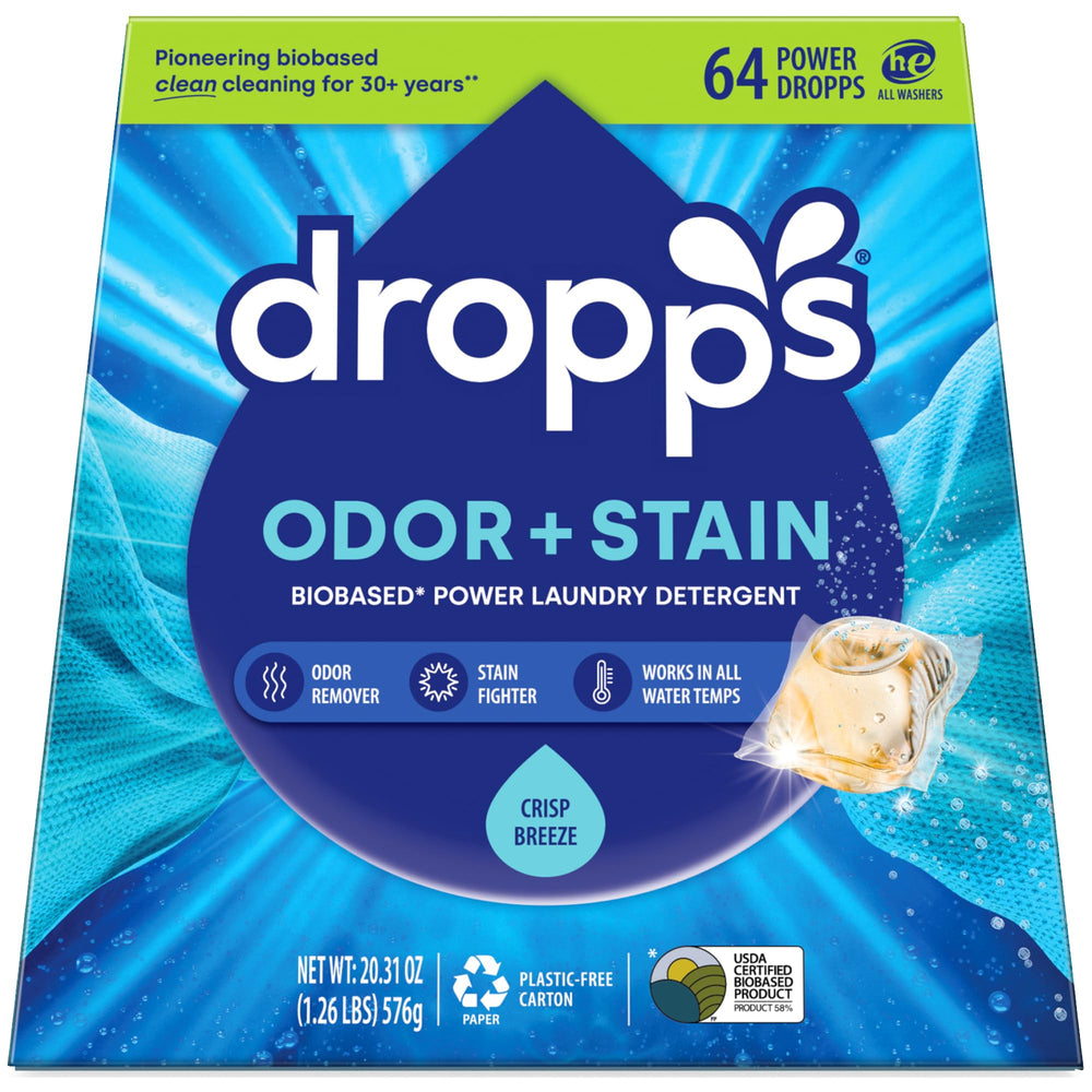 Dropps odor and stain pods in Crisp Breeze box delivering a powerful clean.