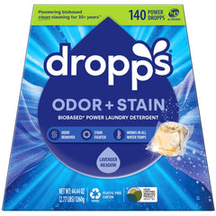 Dropps Lavender Meadow pods in bottle delivering strong stain and odor removal