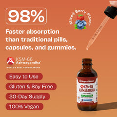 Drops Of Nature Ashwagandha liquid drops label highlighting vegan, GMO-free credentials for daily use.