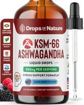 Drops Of Nature KSM-66 Ashwagandha liquid drops bottle for daily focus and calm energy.