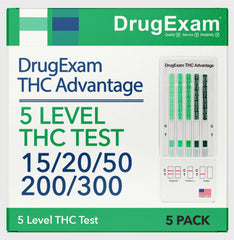 DrugExam THC Advantage kit box showing contents for easy at home testing