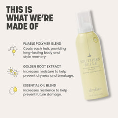 Applied to damp hair, Drybar mousse supports a smooth blowout with lasting body.