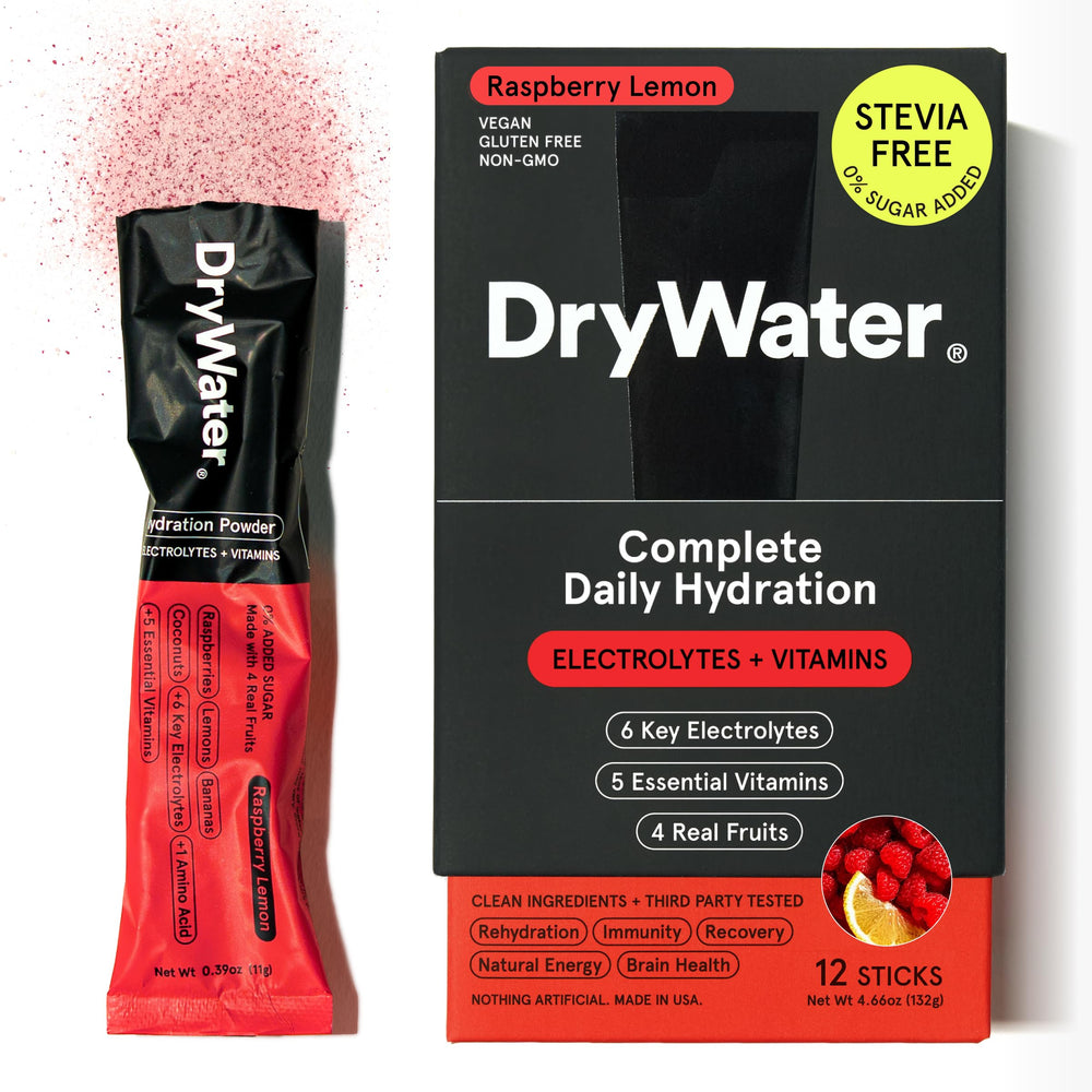 DryWater Raspberry Lemon electrolyte stick for on-the-go hydration and refreshing flavor.