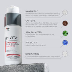 DS Laboratories Revita label closeup showing advanced ingredients for fuller-looking hair.