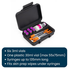Six 3ml slots in the Dual 3ml and 30ml vial case for compact storage.