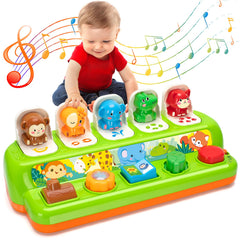 Duchong pop-up toy with animal sounds engages baby's listening and curiosity.