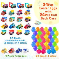 Duchong pull-back construction vehicles inside eggs for active play.