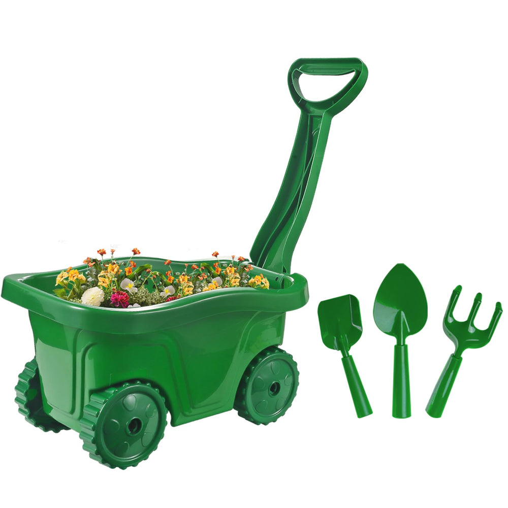 Duckura Kids Wheelbarrow Green shown with compact size for small hands and friendly design.