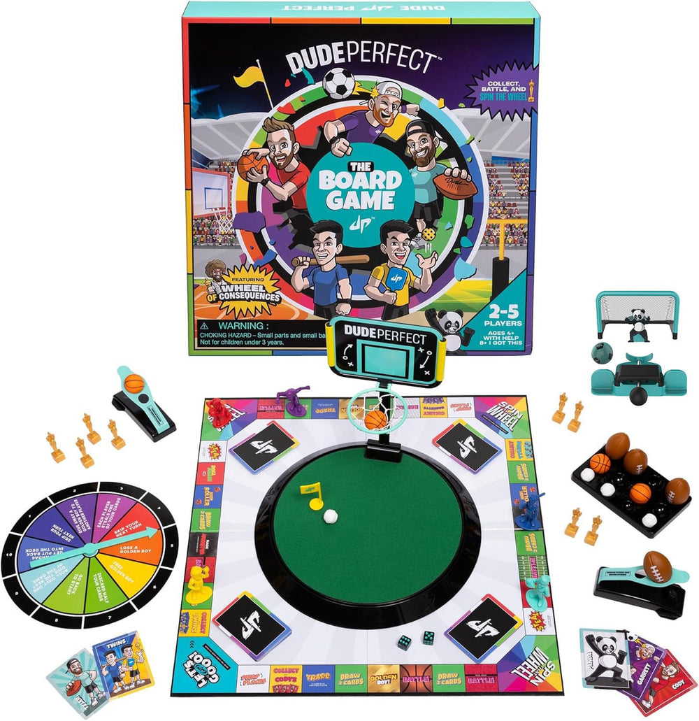 Dude Perfect board game with soccer add-on and ball launcher for fast-paced family action