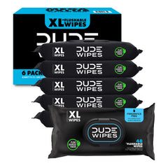 DUDE Wipes extra-large dispenser on bathroom counter for quick refreshment.