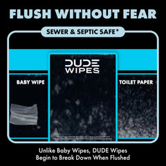 Dude Wipes unscented with aloe and vitamin E for sensitive skin care.