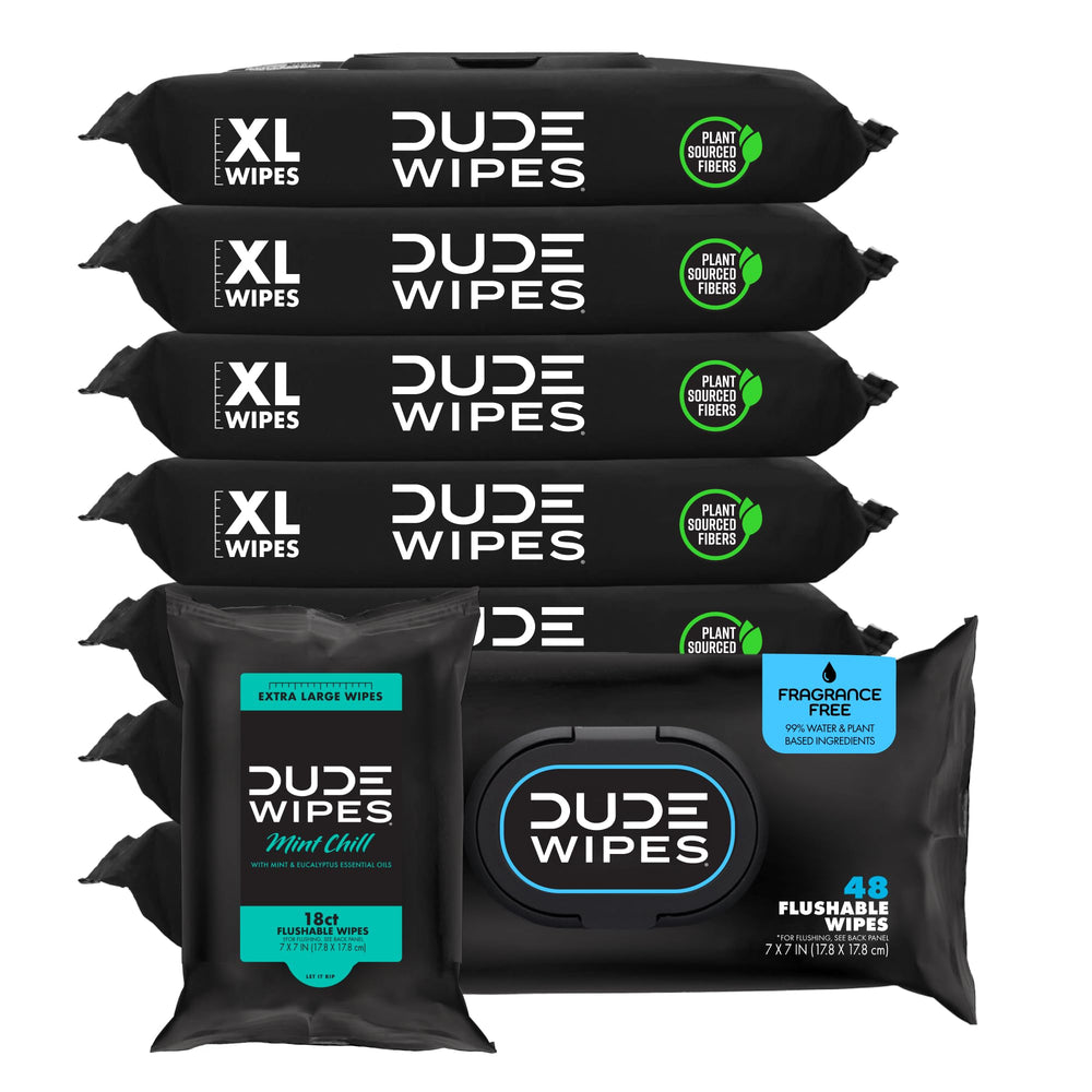 DUDE Wipes unscented flushable wipes for sensitive skin.