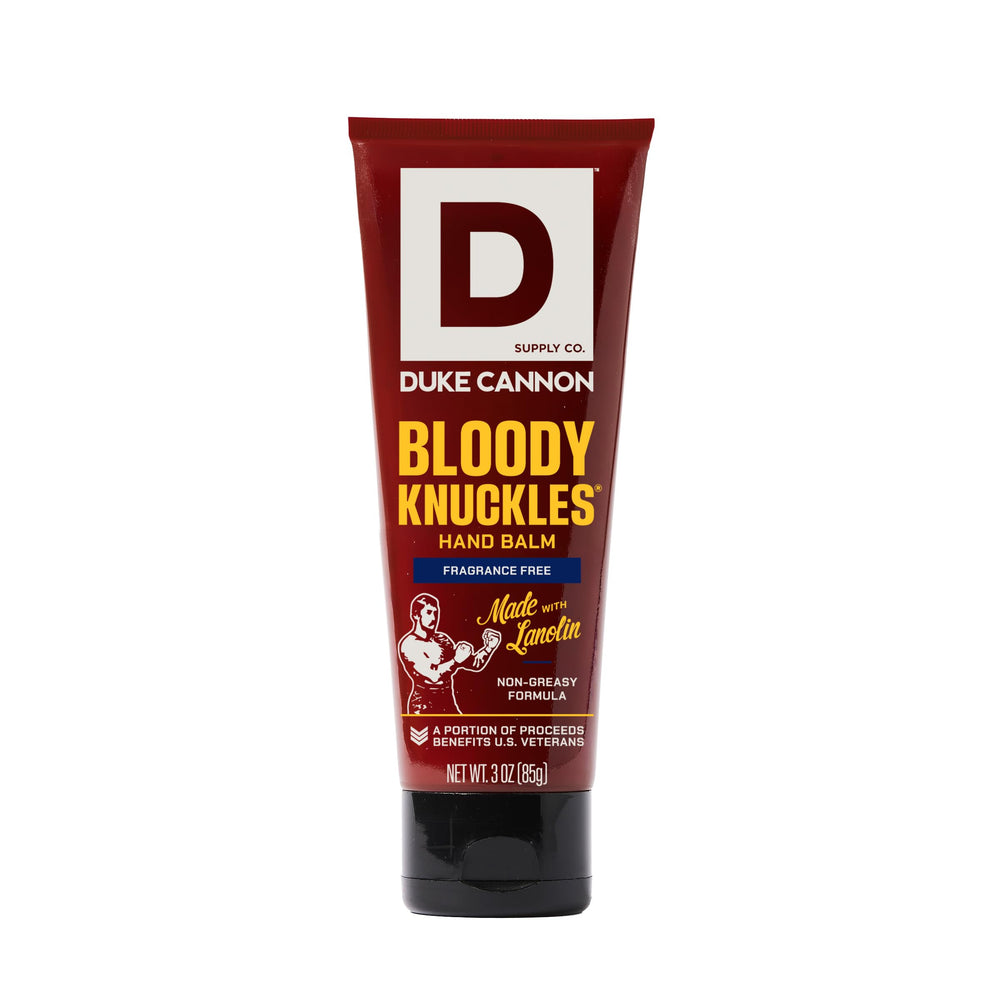 Duke Cannon Bloody Knuckles balm travel-size tube for on-the-go hand care.
